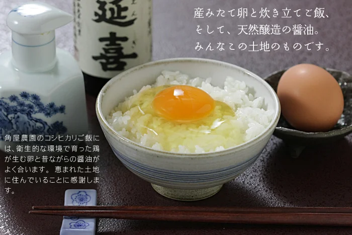 おいしい産み立て卵と炊き立てご飯、そして、天然醸造の醤油。みんなこの土地のものです。